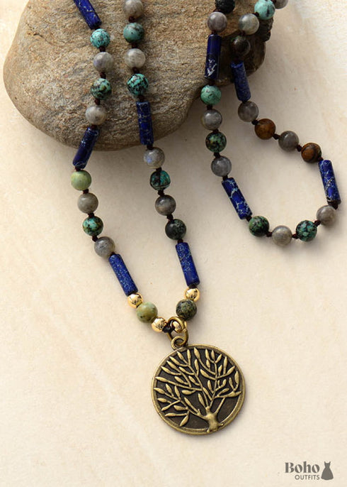 Boho Necklace, BlueLabradorite, Jasper and Turquoise, Tree of Life